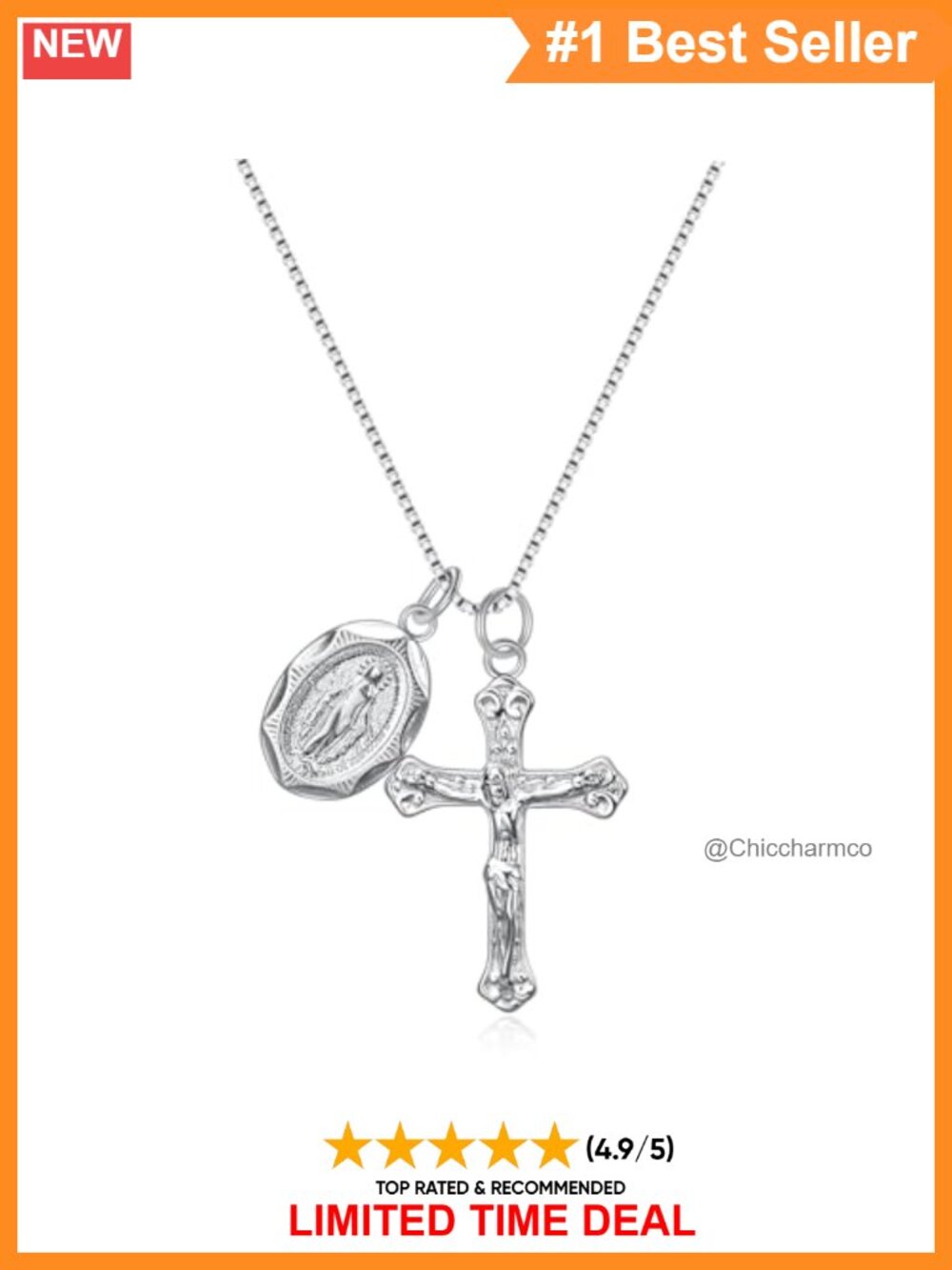925 Sterling Silver Crucifix Cross Miraculous Medal Necklace 18 In